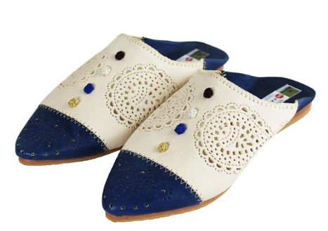 Babouche Atlas Cuir Bleu