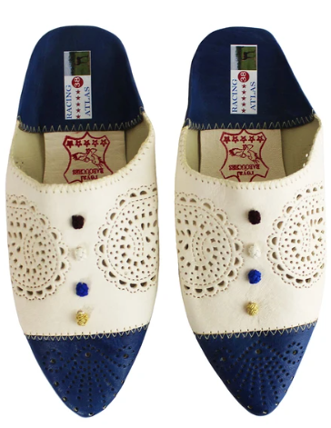 Babouche Atlas Cuir Bleu